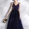 Charming Navy Blue Prom Dresses 2020 A-Line / Princess Beading Sequins Spaghetti Straps Bow Sleeveless Floor-Length / Long Formal Dresses