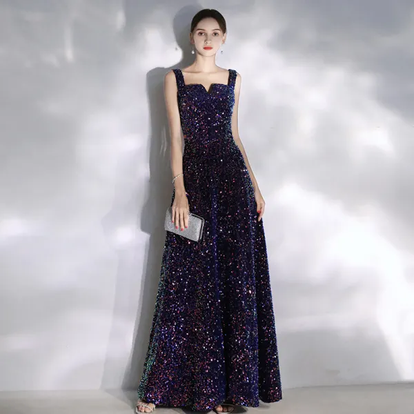 Sparkly Purple Starry Sky Evening Dresses  2020 A-Line / Princess Square Neckline Beading Sequins Sleeveless Backless Floor-Length / Long Formal Dresses