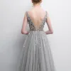 Elegant Grey Evening Dresses  2018 A-Line / Princess Beading Sequins V-Neck Backless Sleeveless Sweep Train Formal Dresses