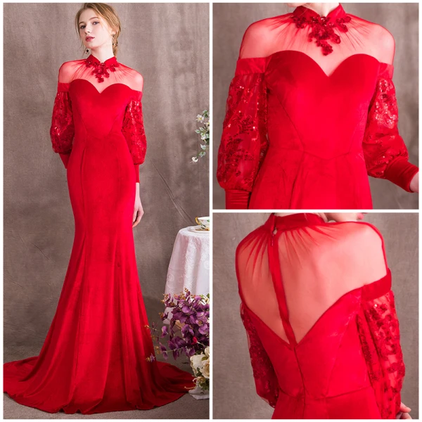 Modern / Fashion Chinese style Red Evening Dresses 2018 Trumpet / Mermaid Sequins High Neck Long Sleeve Sweep Train Formal Dresses