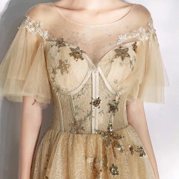 Modern / Fashion Champagne Evening Dresses  2020 A-Line / Princess Scoop Neck Star Lace Sequins Short Sleeve Backless Floor-Length / Long Formal Dresses
