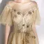 Modern / Fashion Champagne Evening Dresses  2020 A-Line / Princess Scoop Neck Star Lace Sequins Short Sleeve Backless Floor-Length / Long Formal Dresses