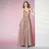 Charming Blushing Pink Prom Dresses 2020 A-Line / Princess Spaghetti Straps Beading Crystal Pearl Sequins Sleeveless Backless Split Front Floor-Length / Long Formal Dresses