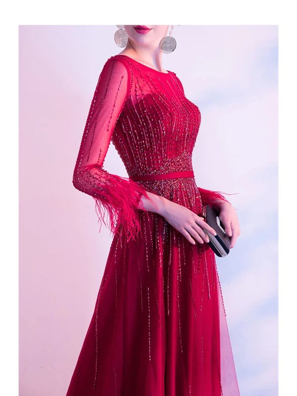 High-end Red Evening Dresses  2020 A-Line / Princess Scoop Neck Beading Crystal Sequins Sash Long Sleeve Floor-Length / Long Formal Dresses