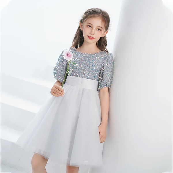 Fashion Grey Sequins Short Birthday Bow Flower Girl Dresses 2021 A-Line / Princess Scoop Neck Short Sleeve