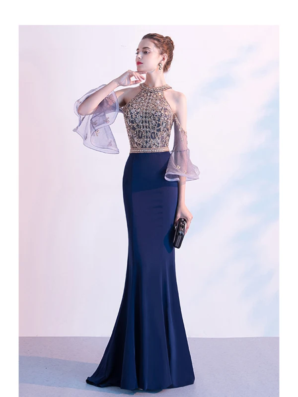 Haut de Gamme Bleu Marine Robe De Soirée 2020 Trompette / Sirène Encolure Dégagée Perlage Cristal Paillettes Manches Courtes Train De Balayage Robe De Ceremonie