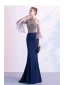 Haut de Gamme Bleu Marine Robe De Soirée 2020 Trompette / Sirène Encolure Dégagée Perlage Cristal Paillettes Manches Courtes Train De Balayage Robe De Ceremonie