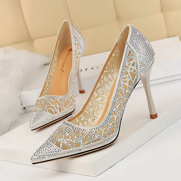 Charmant Doré Soirée Escarpins 2019 Faux Diamant 9 cm Talons Aiguilles À Bout Pointu Escarpins