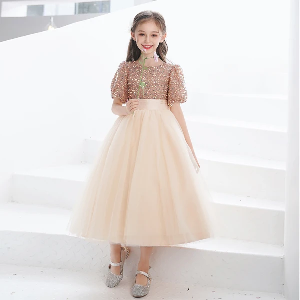 Fashion Gold Sequins Short Birthday Flower Girl Dresses 2021 A-Line / Princess Scoop Neck Bow Sash Short Sleeve