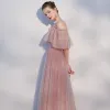 Chic / Beautiful Casual Pearl Pink Evening Dresses  2018 A-Line / Princess Spaghetti Straps Backless Short Sleeve Floor-Length / Long Formal Dresses