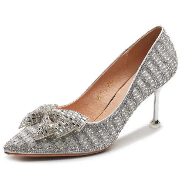 Charming Silver Wedding Bridesmaid Pumps 2019 Rhinestone Stiletto Heels 8 cm Bow Pointed Toe Wedding Shoes