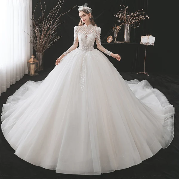 Chinese style Vintage / Retro Ivory Beading Wedding Dresses 2021 Ball Gown High Neck Pearl Sequins Long Sleeve Backless Royal Train Wedding