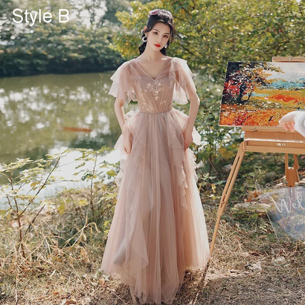 Modest / Simple Blushing Pink Wedding Party Dresses 2021 A-Line / Princess V-Neck Short Sleeve Backless Floor-Length / Long Bridesmaid Dresses
