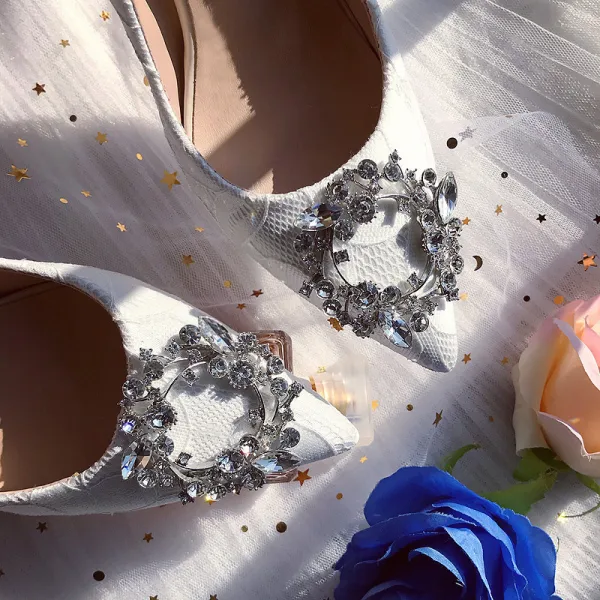 Chic / Beautiful White Wedding Bridesmaid Pumps 2019 Lace Rhinestone 7 cm Stiletto Heels Pointed Toe Womens Shoes