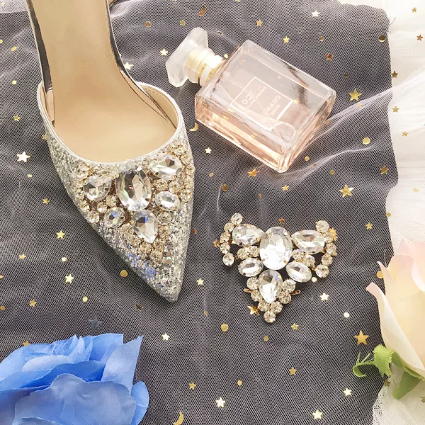 Uroczy Srebrny Na Wesele Ślub Wysokie Obcasy 2019 Z Paskiem Cekiny Rhinestone 8 cm Szpilki Szpiczaste Buty Ślubne