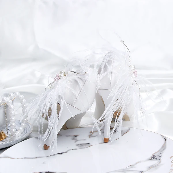 Modern / Fashion White Wedding Shoes 2020 Satin Leather Feather Pearl Sequins 9 cm Stiletto Heels Pointed Toe Wedding Pumps