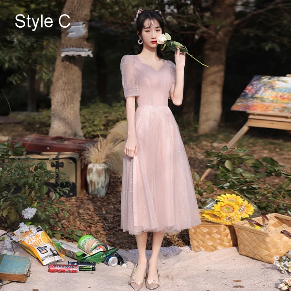 Modest / Simple Blushing Pink Bridesmaid Dresses 2021 A-Line / Princess V-Neck Short Sleeve Backless Tea-length Wedding Party Dresses