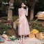 Modest / Simple Blushing Pink Bridesmaid Dresses 2021 A-Line / Princess V-Neck Short Sleeve Backless Tea-length Wedding Party Dresses
