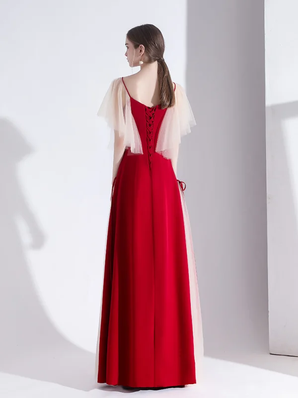 Elegant Burgundy Evening Dresses  2020 A-Line / Princess Satin V-Neck Short Sleeve Backless Floor-Length / Long Formal Dresses