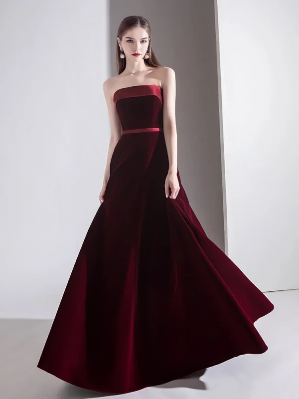 Elegant Burgundy Evening Dresses  2020 A-Line / Princess Suede Strapless Sleeveless Backless Floor-Length / Long Formal Dresses