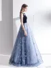 Modern / Fashion Ocean Blue Evening Dresses  2020 A-Line / Princess Spaghetti Straps Lace Flower Sleeveless Backless Floor-Length / Long Formal Dresses