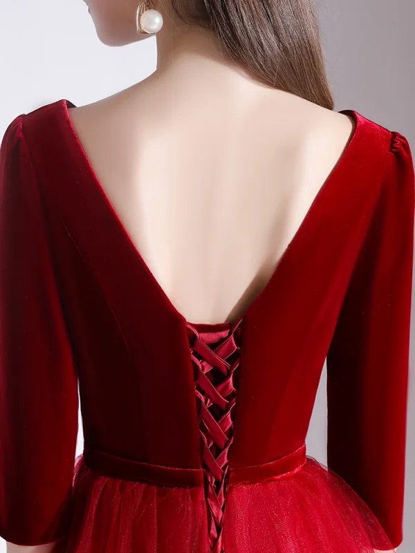Charmant Rouge Robe De Soirée 2020 Princesse Daim V-Cou 1/2 Manches Dos Nu Longue Robe De Ceremonie
