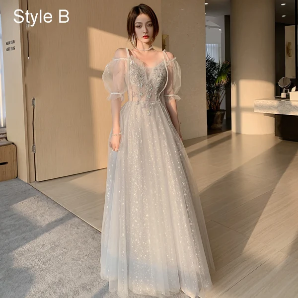 Fashion Grey Bridesmaid Dresses 2021 A-Line / Princess Square Neckline Beading Sequins Lace Flower Short Sleeve Backless Floor-Length / Long Wedding Party Dresses