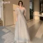 Fashion Grey Bridesmaid Dresses 2021 A-Line / Princess Square Neckline Beading Sequins Lace Flower Short Sleeve Backless Floor-Length / Long Wedding Party Dresses