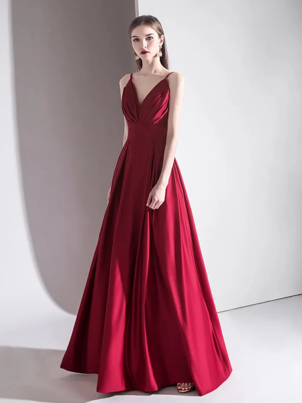 Élégant Couleur Unie Bordeaux Robe De Soirée 2020 Princesse Bretelles Spaghetti Sans Manches Dos Nu Longue Robe De Ceremonie
