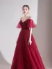 Modest / Simple Solid Color Burgundy Evening Dresses  2020 A-Line / Princess Spaghetti Straps Suede Short Sleeve Backless Floor-Length / Long Formal Dresses