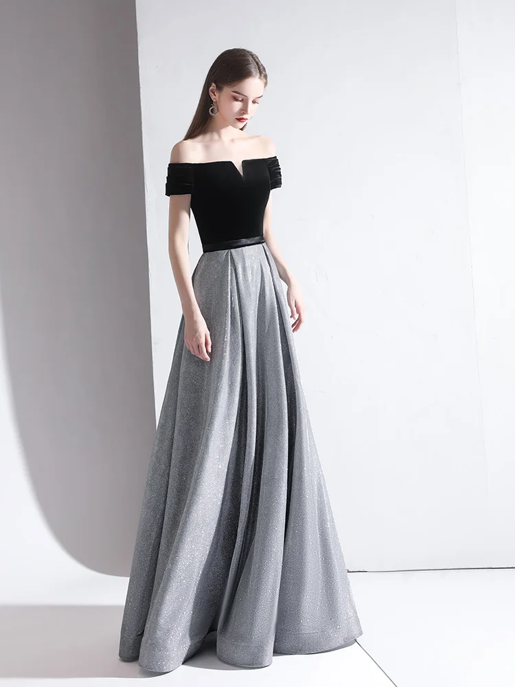Classy Grey Evening Dresses 2020 A-Line Princess Off-The-Shoulder Suede Short Sleeve
