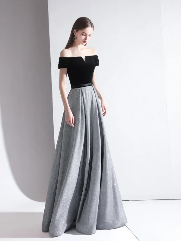 Classy Grey Evening Dresses 2020 A-Line Princess Off-The-Shoulder Suede Short Sleeve