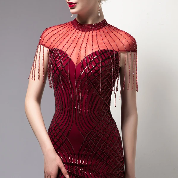 Chic Bordeaux Robe De Soirée 2020 Trompette / Sirène Perlage Gland Paillettes Col Haut Manches Courtes Longue Robe De Ceremonie