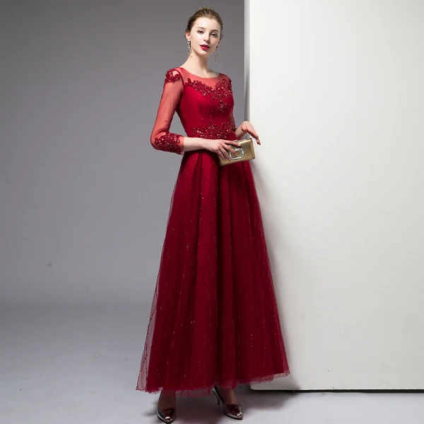 Classy Burgundy Evening Dresses 2020 A-Line / Princess Scoop Neck Beading Crystal Sequins 3/4 Sleeve Ankle Length Formal Dresses