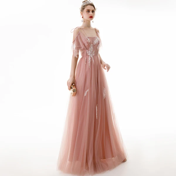 Chic / Belle Perle Rose Robe De Soirée 2020 Princesse Bretelles Spaghetti Appliques Paillettes En Dentelle Manches Courtes Dos Nu Longue Robe De Ceremonie
