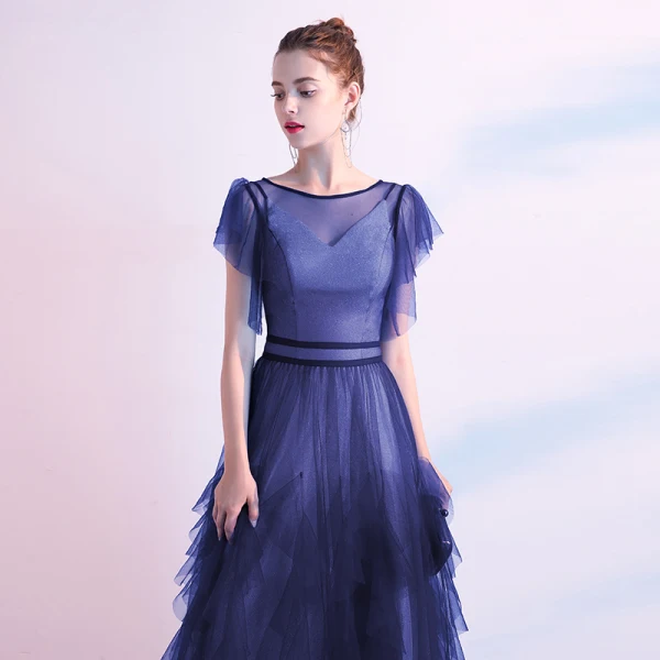 Elegant Ocean Blue Evening Dresses 2020 A-Line / Princess Scoop Neck Short Sleeve Floor-Length / Long Formal Dresses