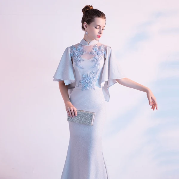 Elegant Silver Evening Dresses 2020 Trumpet / Mermaid High Neck Lace Flower Pearl Appliques 1/2 Sleeves Floor-Length / Long Formal Dresses