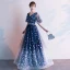 Fashion Navy Blue Evening Dresses  2020 A-Line / Princess V-Neck Feather Printing Short Sleeve Backless Floor-Length / Long Formal Dresses