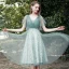 Chic / Beautiful Mint Green Bridesmaid Dresses 2021 A-Line / Princess Scoop Neck Short Sleeve Backless Sash Tea-length Wedding Party Dresses