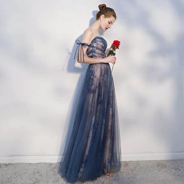 Elegant Navy Blue Evening Dresses 2018 A-Line / Princess Bow Backless Strapless Sleeveless Floor-Length / Long Formal Dresses