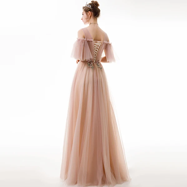 Classy Pearl Pink Evening Dresses  2020 A-Line / Princess Scoop Neck Lace Flower Appliques Crystal Short Sleeve Backless Floor-Length / Long Formal Dresses