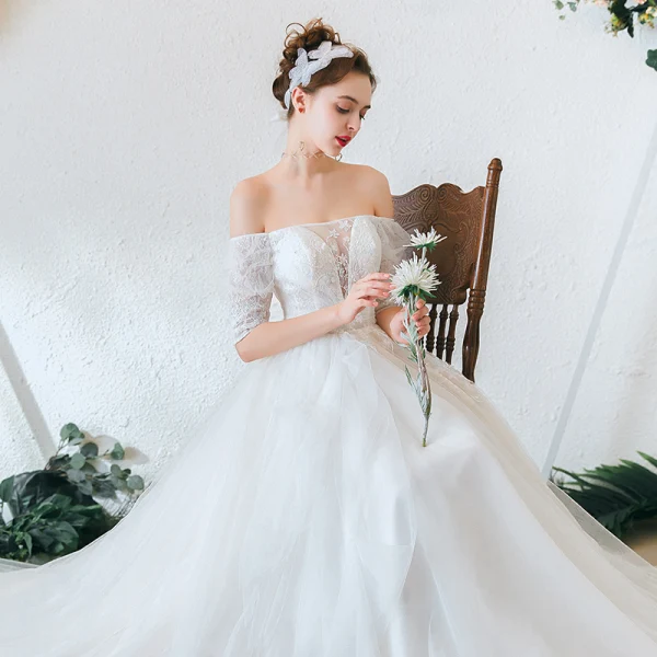 Charming Ivory Wedding Dresses 2020 A-Line / Princess Off-The-Shoulder Lace Flower Appliques Short Sleeve Backless Court Train