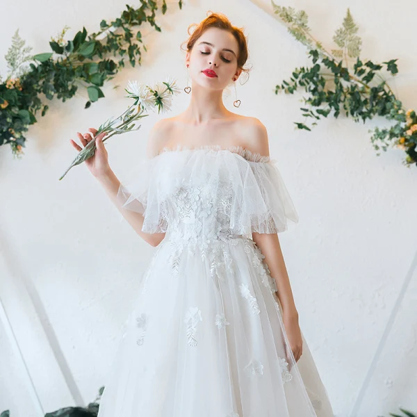 Charming Ivory Wedding Dresses 2020 A-Line / Princess Off-The-Shoulder Lace Flower Appliques Short Sleeve Backless Chapel Train