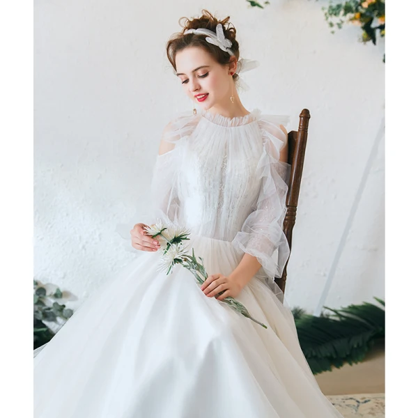 Élégant Ivoire Robe De Mariée 2020 Princesse Volants Encolure Dégagée En Dentelle Fleur 3/4 Manches Dos Nu Tribunal Train