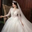 Chic Ivoire Robe De Mariée 2020 Princesse En Dentelle Perlage Étoile Paillettes Perle V-Cou Dos Nu 3/4 Manches Cathedral Train