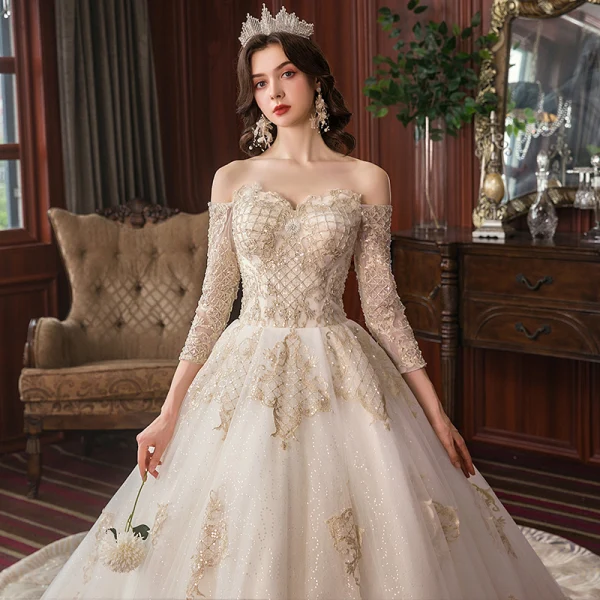 Charming Champagne Wedding Dresses 2020 A-Line / Princess Off-The-Shoulder Beading Sequins Lace Pearl 3/4 Sleeve Backless Cathedral Train