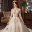 Charming Champagne Wedding Dresses 2020 A-Line / Princess Off-The-Shoulder Beading Sequins Lace Pearl 3/4 Sleeve Backless Cathedral Train