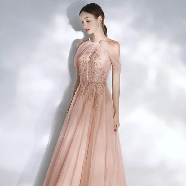 Chic / Beautiful Pearl Pink Evening Dresses 2020 A-Line / Princess Scoop Neck Beading Pearl Lace Flower Sequins Sleeveless Backless Floor-Length / Long Formal Dresses