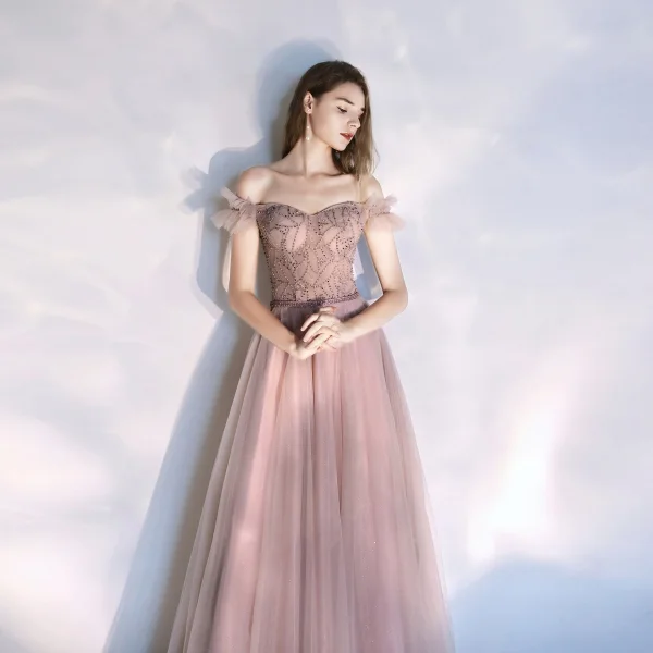 Classy Blushing Pink Evening Dresses  2020 A-Line / Princess Off-The-Shoulder Beading Crystal Pearl Sleeveless Backless Floor-Length / Long Formal Dresses