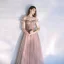 Classy Blushing Pink Evening Dresses  2020 A-Line / Princess Off-The-Shoulder Beading Crystal Pearl Sleeveless Backless Floor-Length / Long Formal Dresses